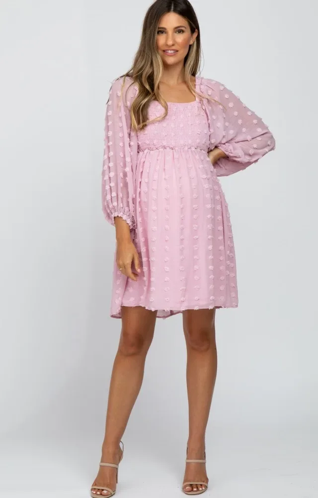 Pink Textured Dot Smocked Chiffon Maternity Dress