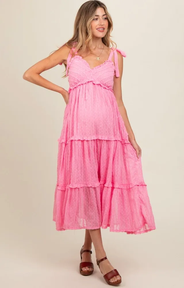 Pink Textured Tie Strap Tiered Maternity Midi Dress