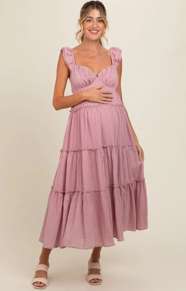 Pink Textured Tiered Maternity Midi Dress