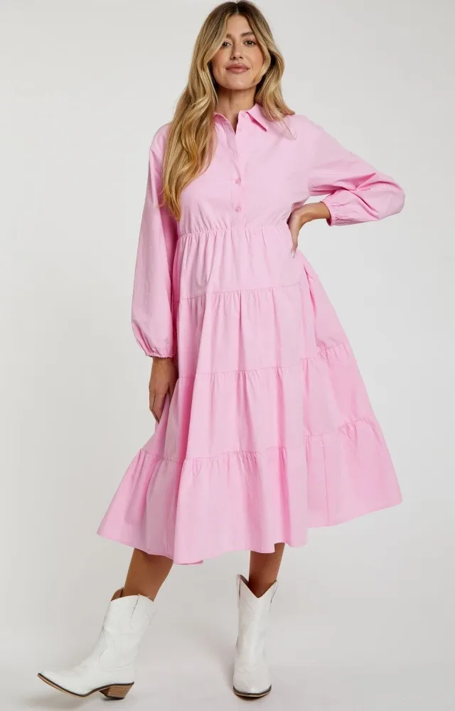 Pink Tiered Collared Maternity Midi Dress