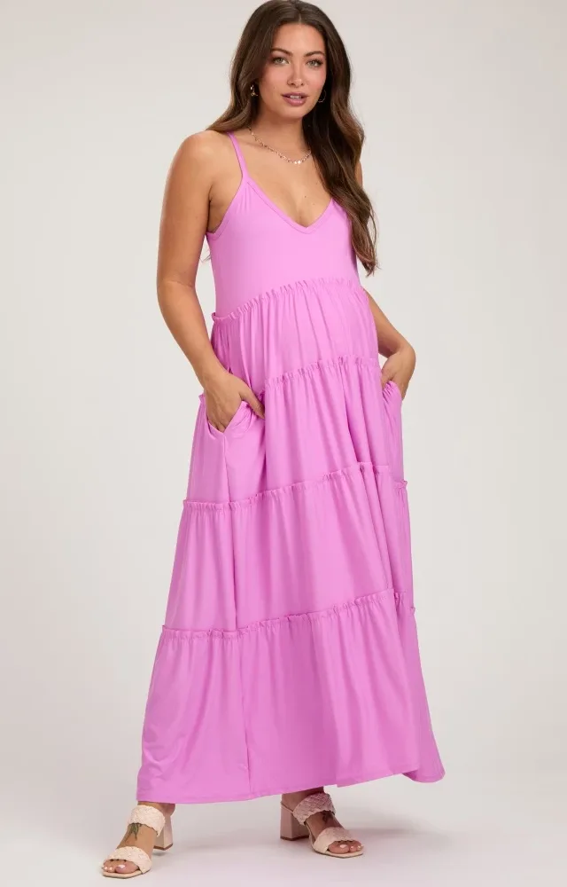 Pink Tiered Sleeveless Maternity Maxi Dress