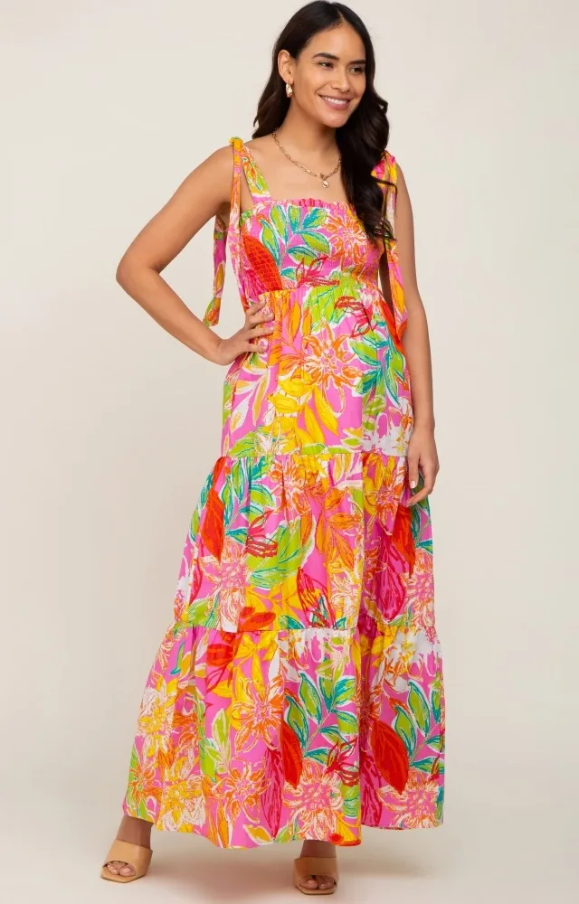 Pink Tropical Print Smocked Tie Sleeve Maternity Maxi Dress