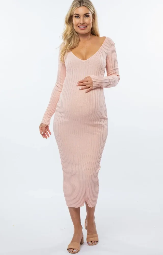 Pink V-Neck Long Sleeve Fitted Maternity Maxi Dress