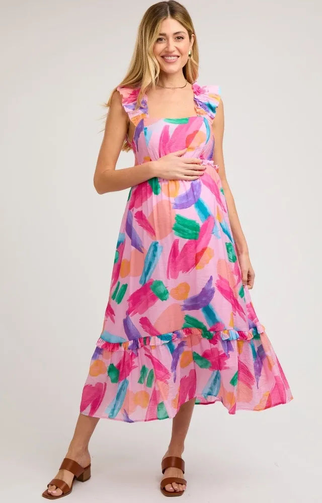 Pink Watercolor Print Ruffle Accent Maternity Dress