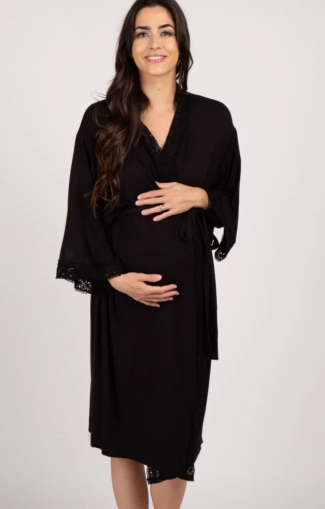 Pinkblush Black Crochet Trim Maternity Robe