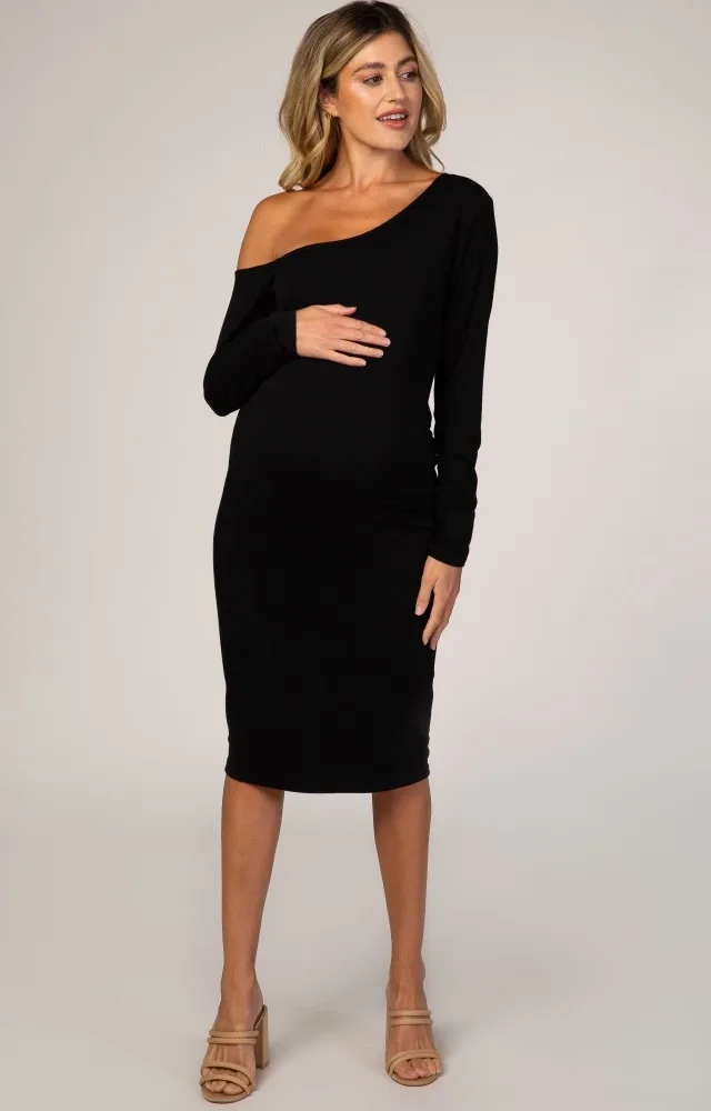 Pinkblush Black One Shoulder Fitted Midi Maternity Dress