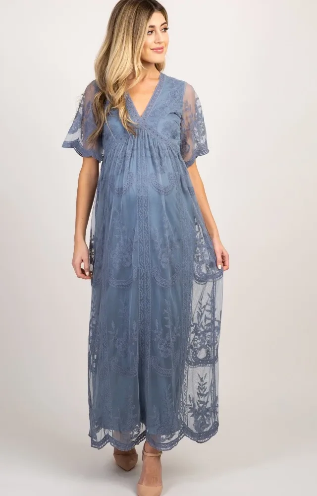 Pinkblush Blue Lace Overlay Maternity Maxi Dress