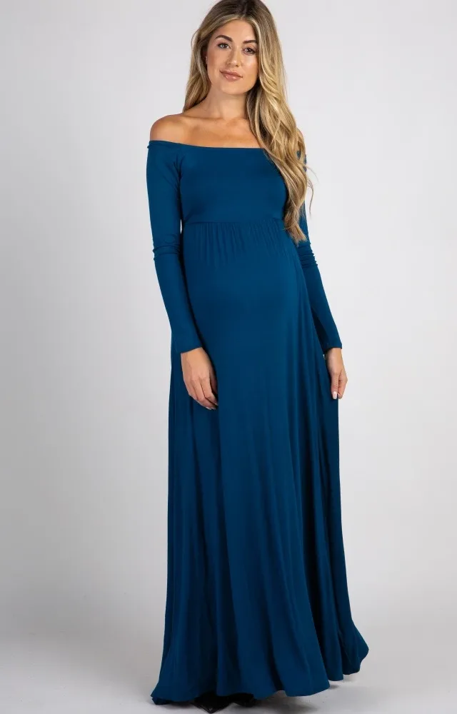 Pinkblush Dark Teal Off Shoulder Maternity Maxi Dress