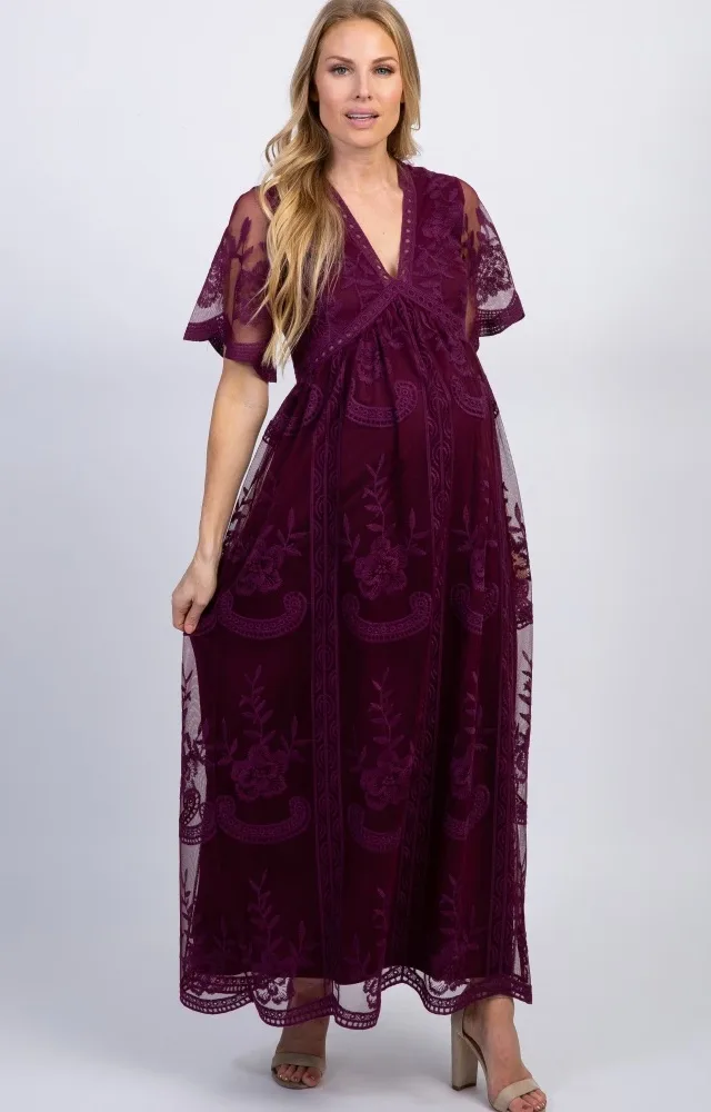 Pinkblush Deep Burgundy Lace Mesh Maternity Dress