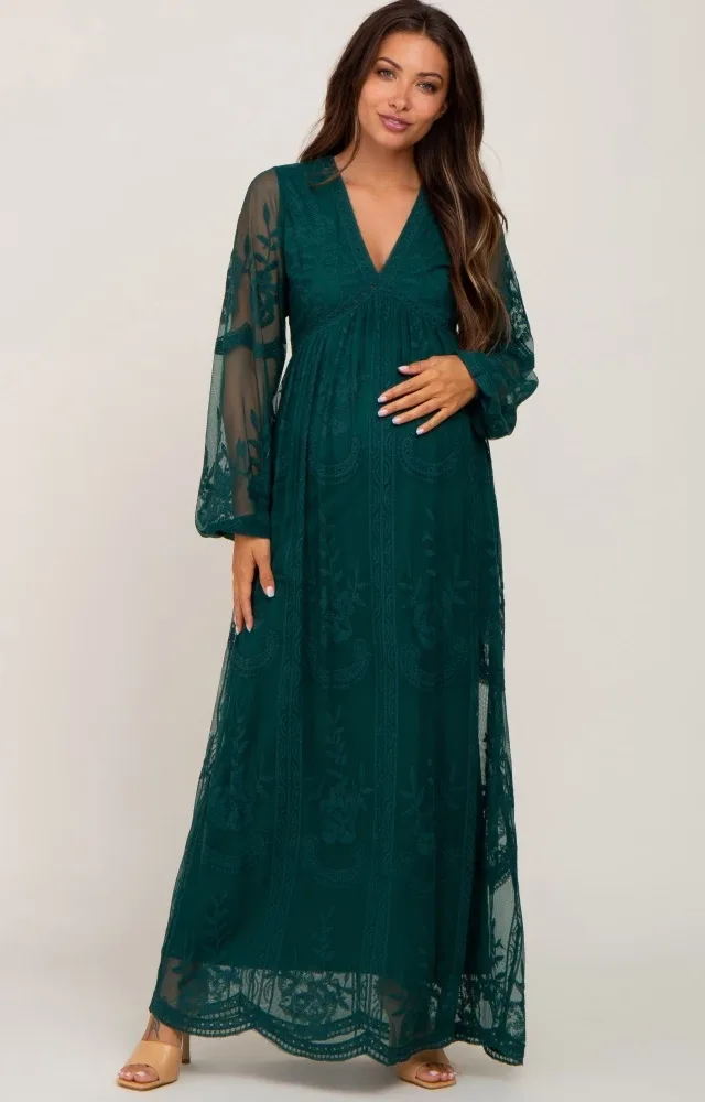 Pinkblush Forest Green Lace Mesh Long Sleeve Maternity Dress