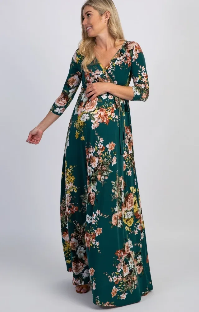 Pinkblush Green Rose Sash Tie Maternity Maxi