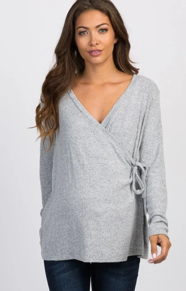 Pinkblush Grey Knit Wrap Tie Maternity/Nursing Top