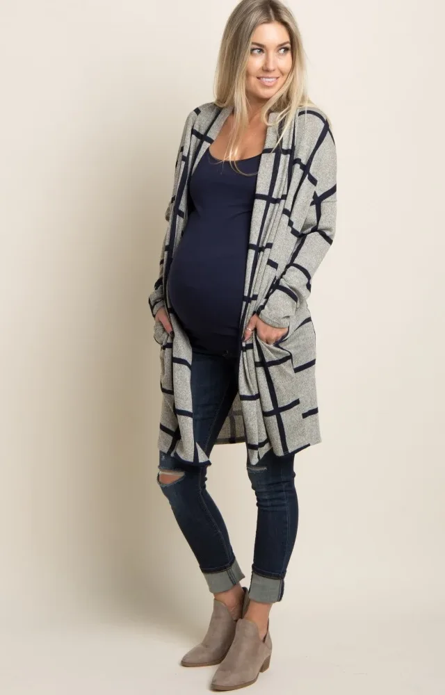 Pinkblush Grey Plaid Knit Maternity Cardigan