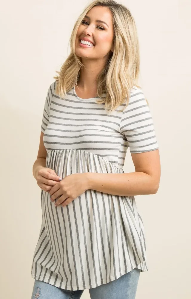 Pinkblush Grey Striped Peplum Maternity Top