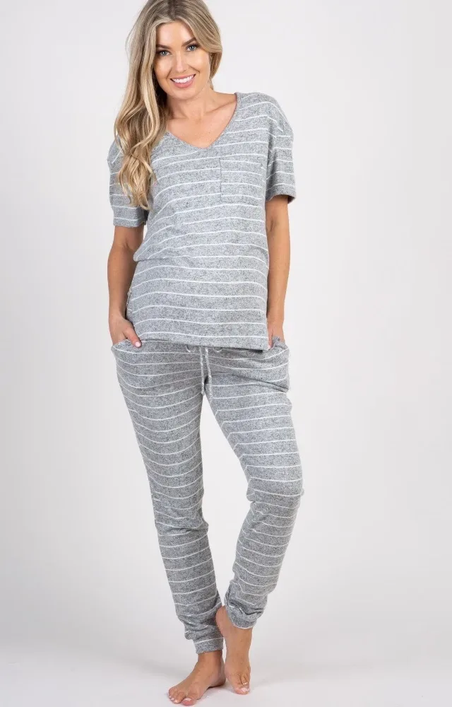 Pinkblush Grey Striped Pocket Maternity Pajama Set