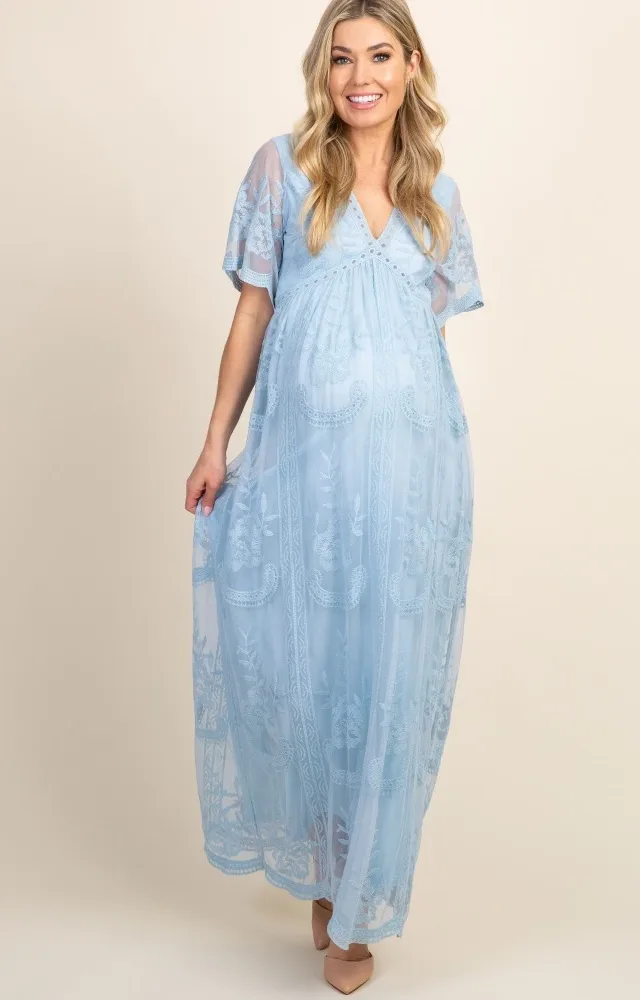 Pinkblush Light Blue Lace Overlay Maternity Maxi Dress