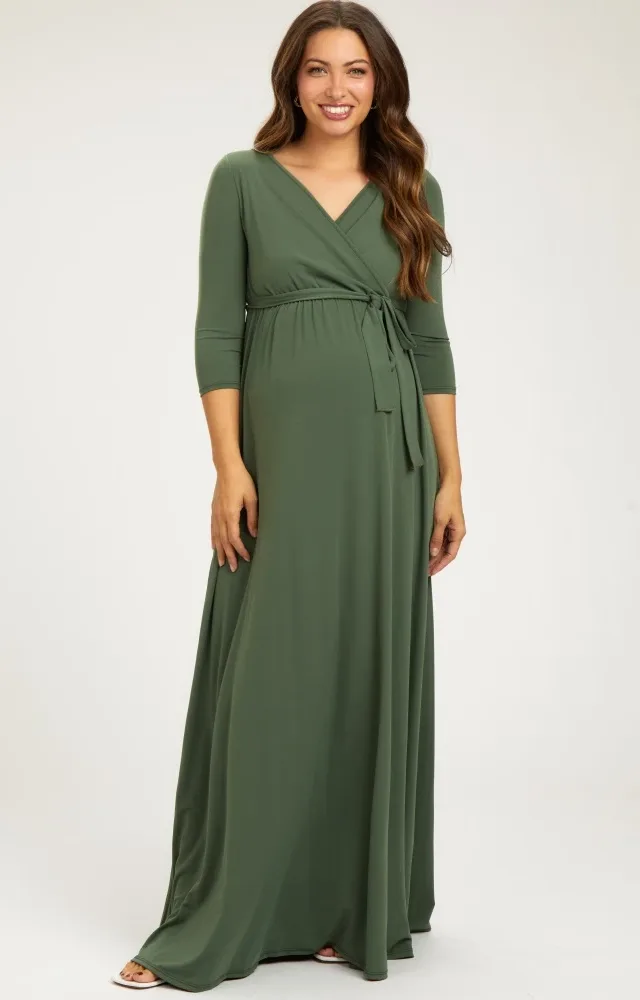 Pinkblush Light Olive Draped 3/4 Sleeve Maternity Maxi Dress