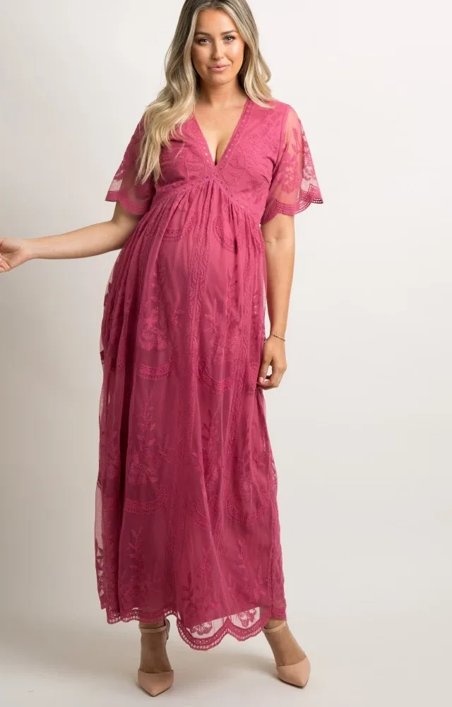 Pinkblush Magenta Lace Overlay Maternity Maxi Dress