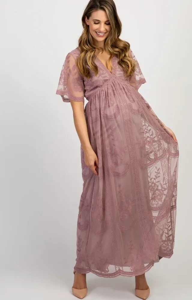 Pinkblush Mauve Lace Overlay Maternity Maxi Dress