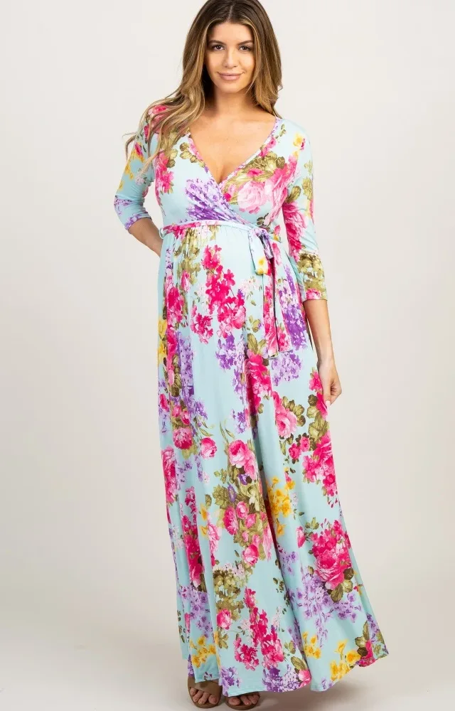 Pinkblush Mint Floral Sash Maternity Dress