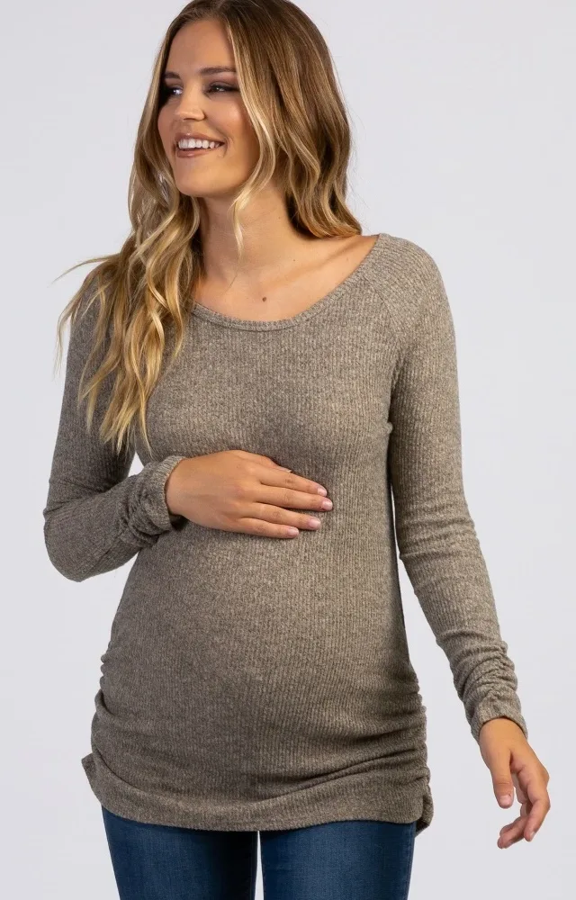 Pinkblush Mocha Ribbed Knit Ruched Maternity Top