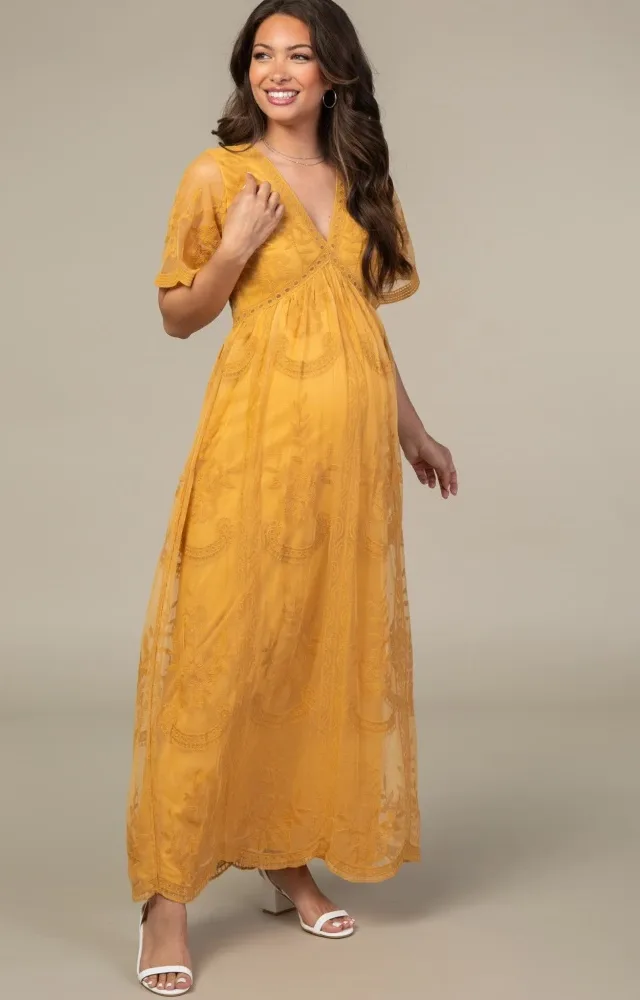 Pinkblush Mustard Lace Overlay Maternity Maxi Dress