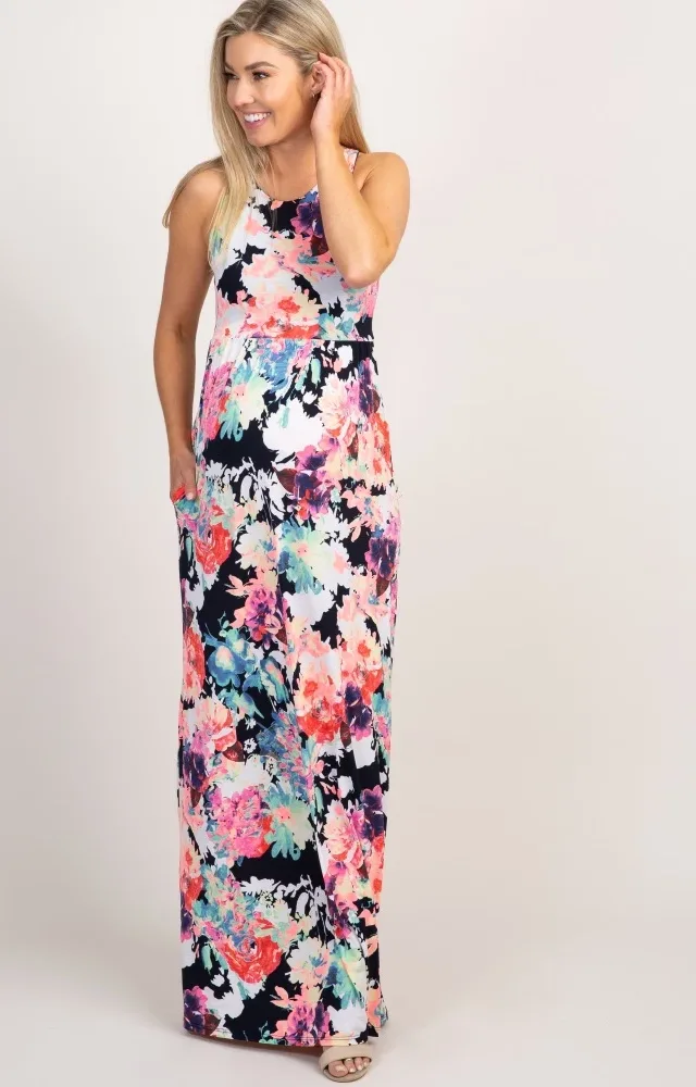 Pinkblush Navy Abstract Sleeveless Maternity Maxi