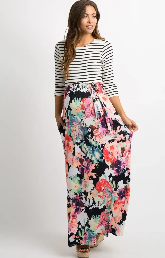 Pinkblush Navy Floral Striped Maternity Maxi