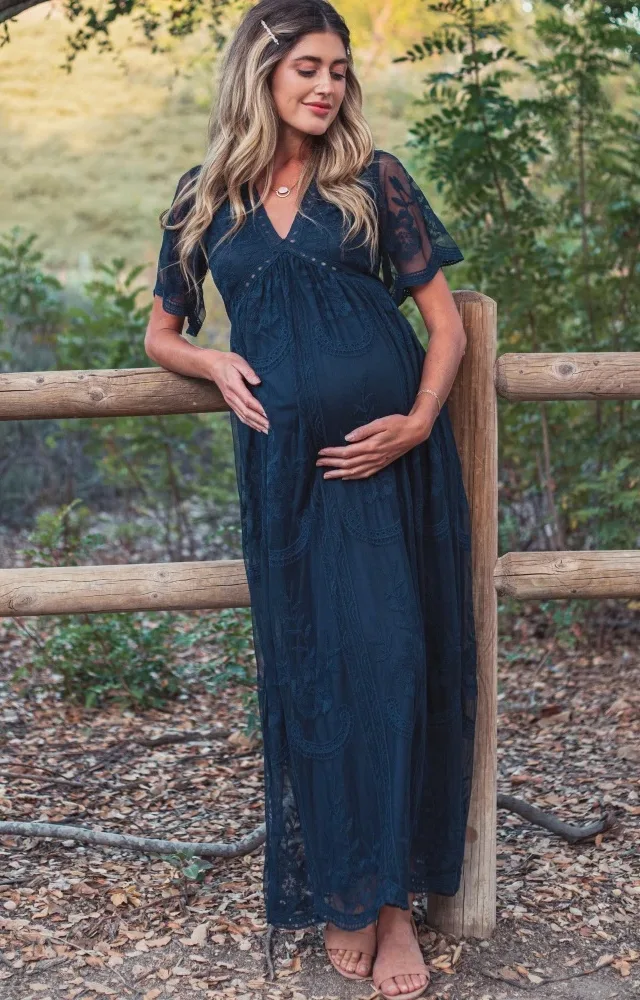 Pinkblush Navy Lace Overlay Maternity Maxi Dress