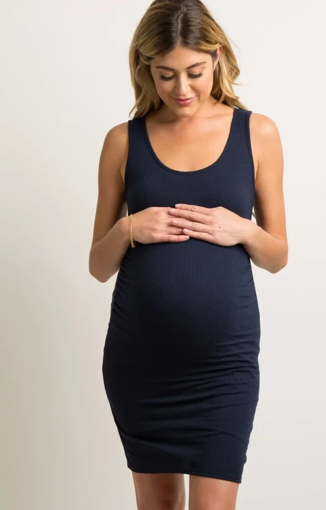 Pinkblush Navy Ribbed Fitted Maternity Dress