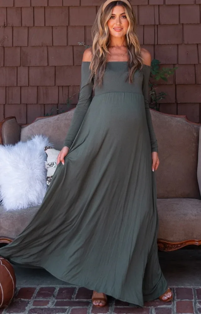 Pinkblush Olive Solid Off Shoulder Maternity Maxi Dress