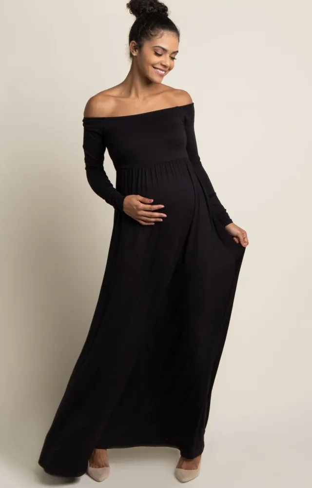 Pinkblush Petite Black Off Shoulder Maternity Maxi Dress