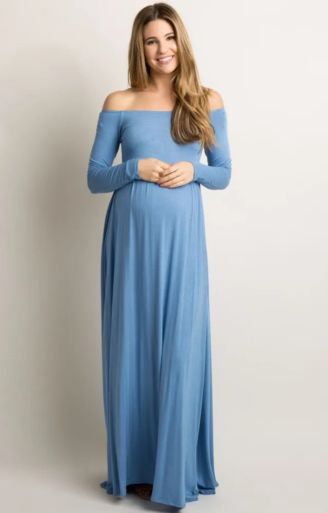 Pinkblush Petite Blue Off Shoulder Maternity Maxi Dress