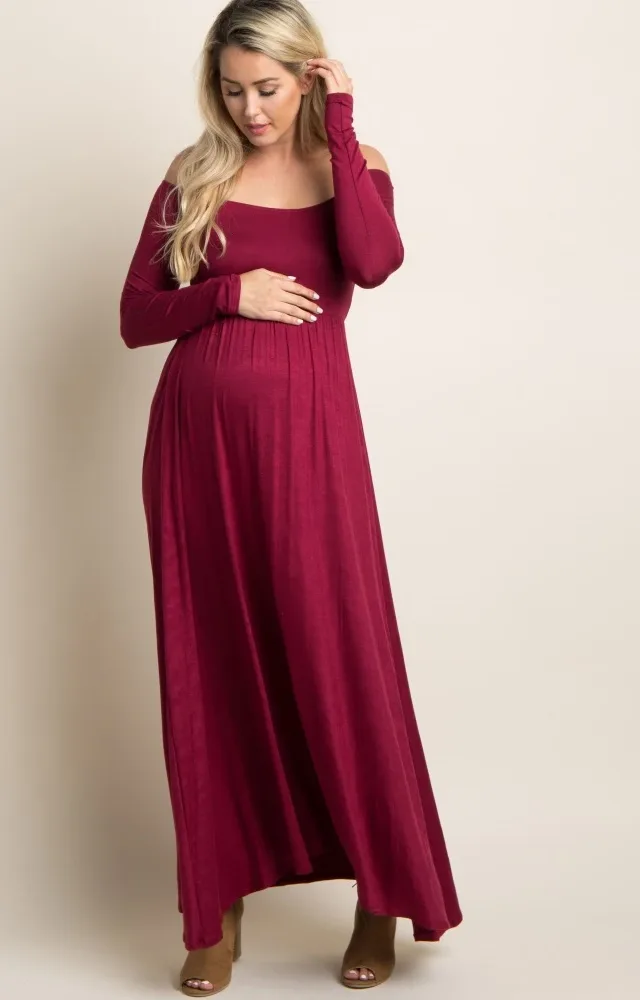 Pinkblush Petite Burgundy Off Shoulder Maternity Maxi Dress