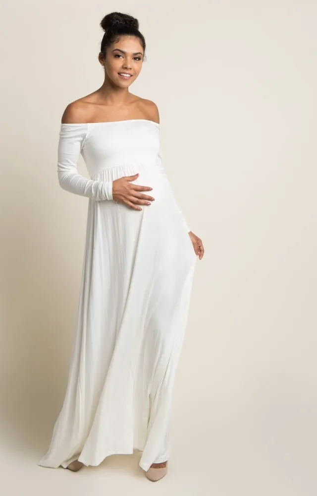 Pinkblush Petite Ivory Off Shoulder Maternity Maxi Dress