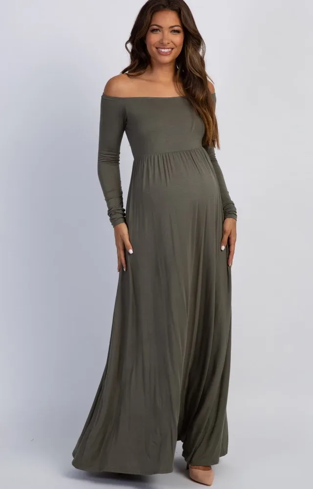 Pinkblush Petite Olive Off Shoulder Maternity Maxi Dress