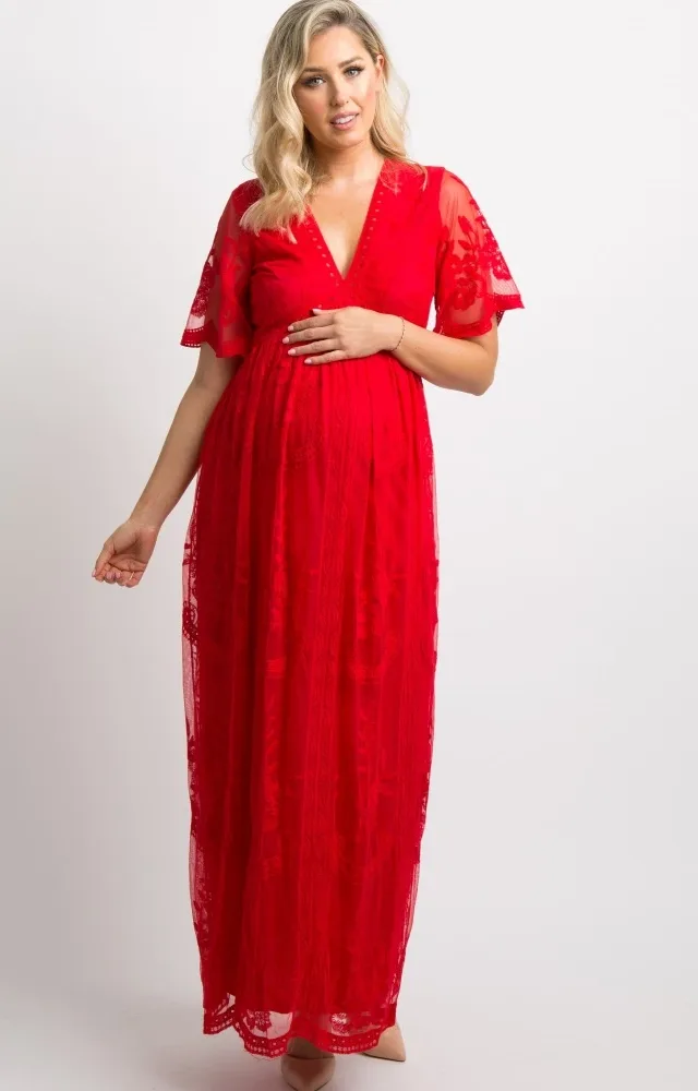 Pinkblush Red Lace Overlay Maternity Maxi Dress