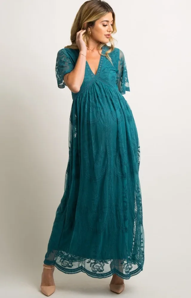 Pinkblush Teal Lace Overlay Maternity Maxi Dress