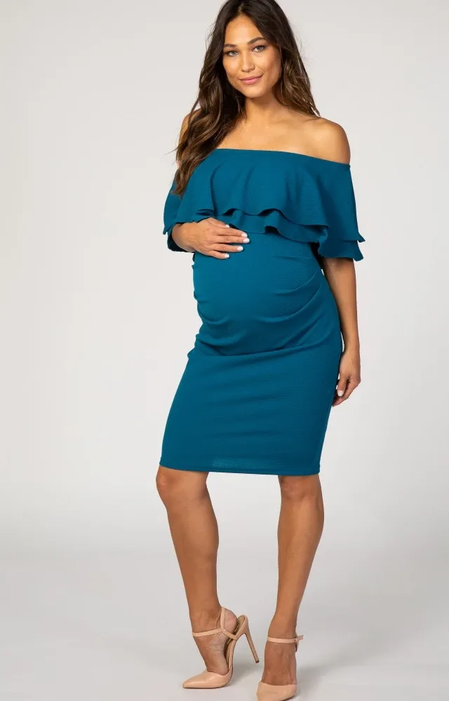 Pinkblush Teal Off Shoulder Ruched Maternity Dress