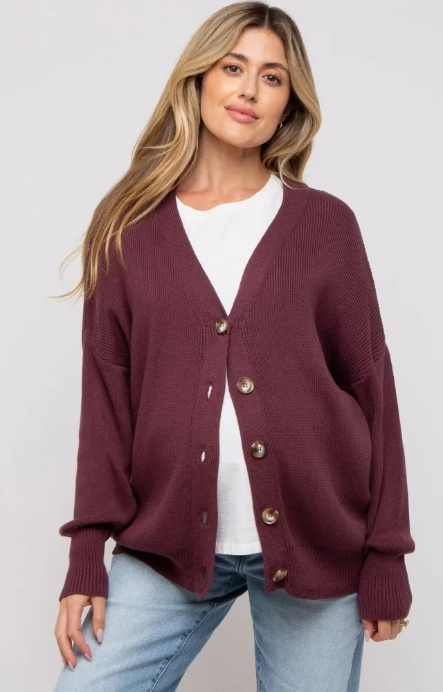 Plum Basic Ribbed Maternity Cardigan Sweater