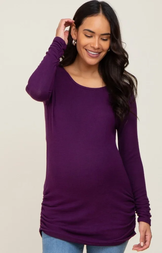 Plum Brushed Knit Ruched Maternity Top