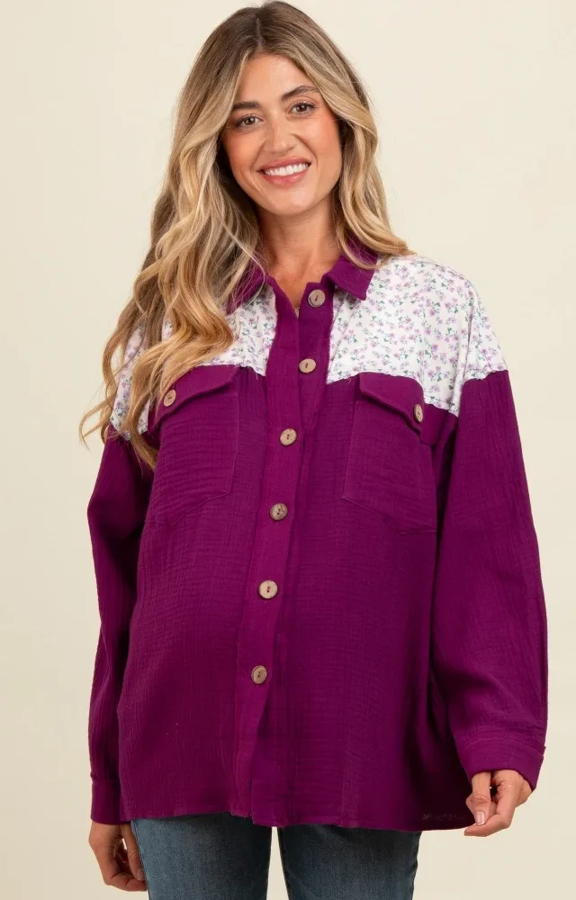 Plum Colorblock Floral Maternity Button Down