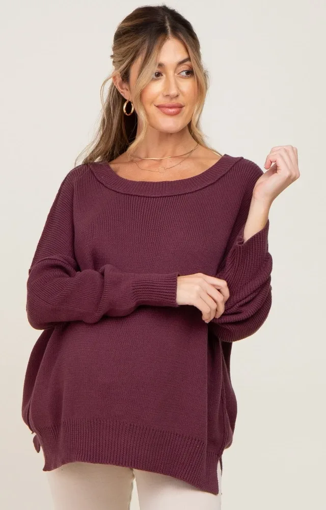 Plum Exposed Seam Side Slit Maternity Sweater