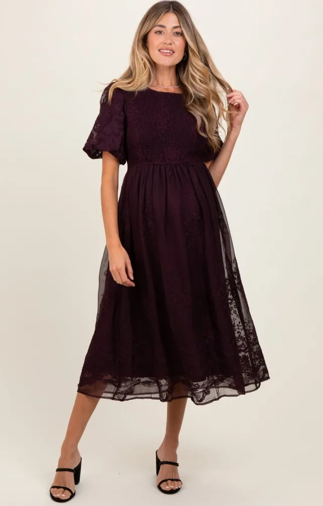 Plum Floral Lace Smocked Maternity Midi Dress