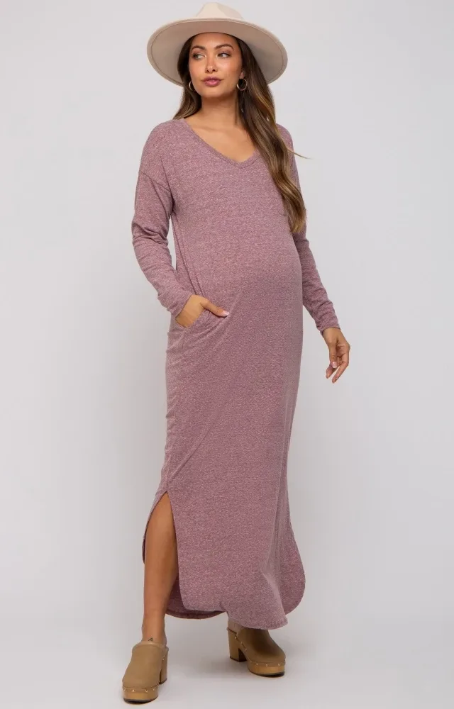 Plum Heathered Pocketed Long Sleeve Maternity Maxi Dress