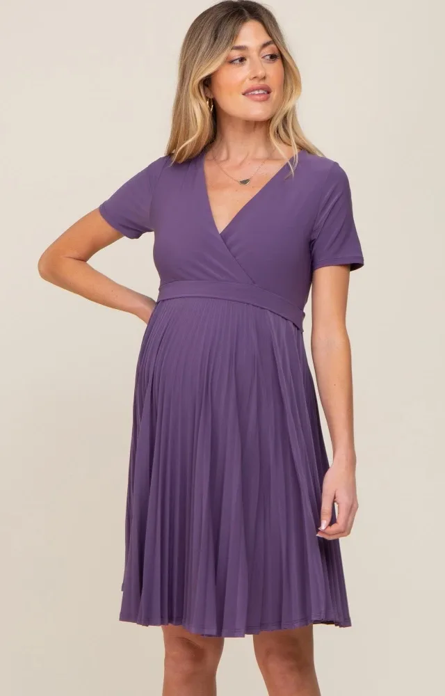 Plum Pleated Maternity/Nursing Dress