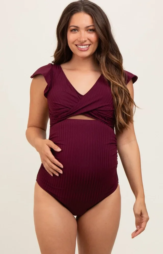 Plum Ribbed Ruched Cutout Flutter One Piece Maternity Swimsuit