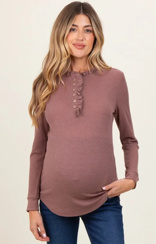 Plum Ruffle Collar Micro Waffle Knit Maternity Henley Top