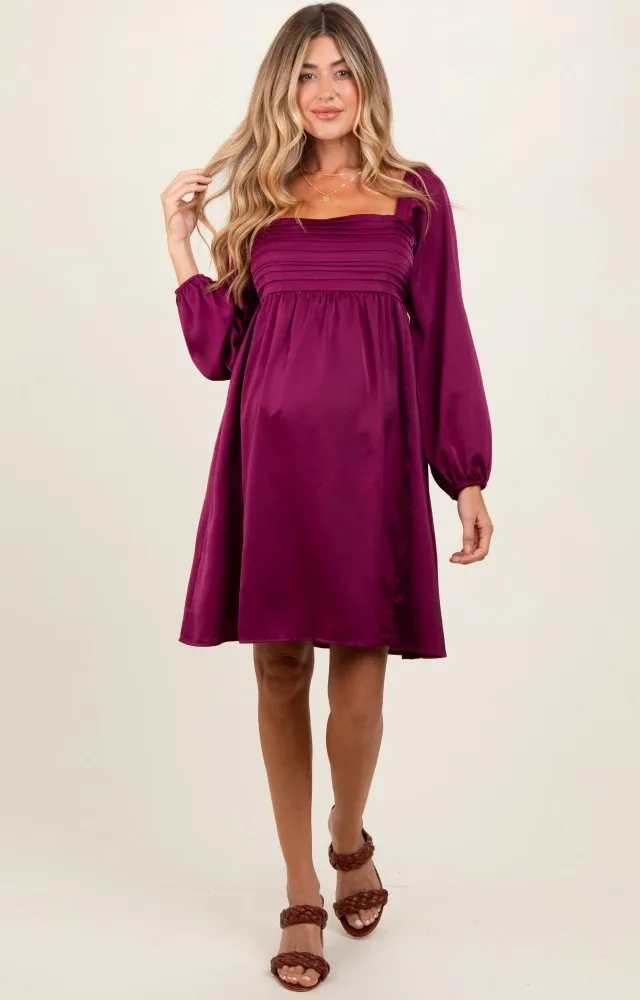 Plum Satin Pleated Detail Bodice Maternity Dress