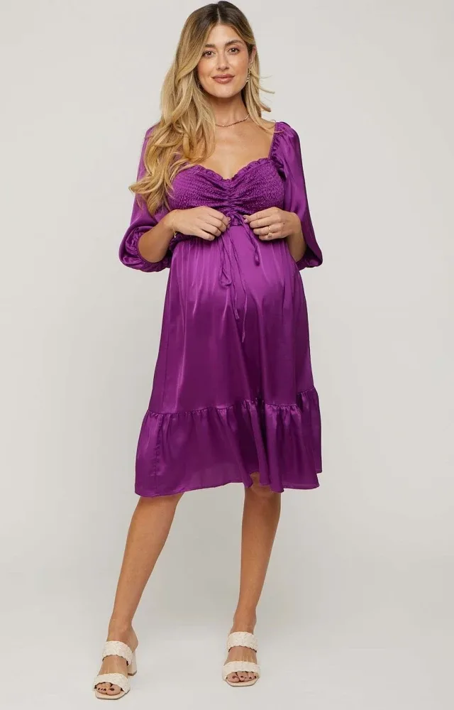 Plum Satin Smocked Ruffle Hem Maternity Dress